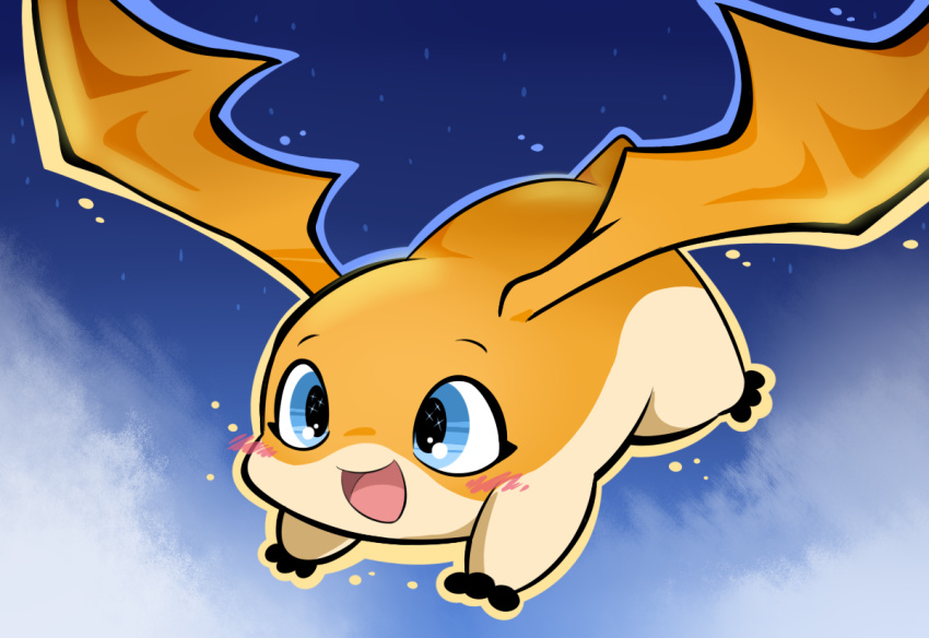 abstract_background airborne blue_eyes blush cute digimon driosawm flying mammal membranous_wings orange_skin patamon paws short_tail sky solo wings