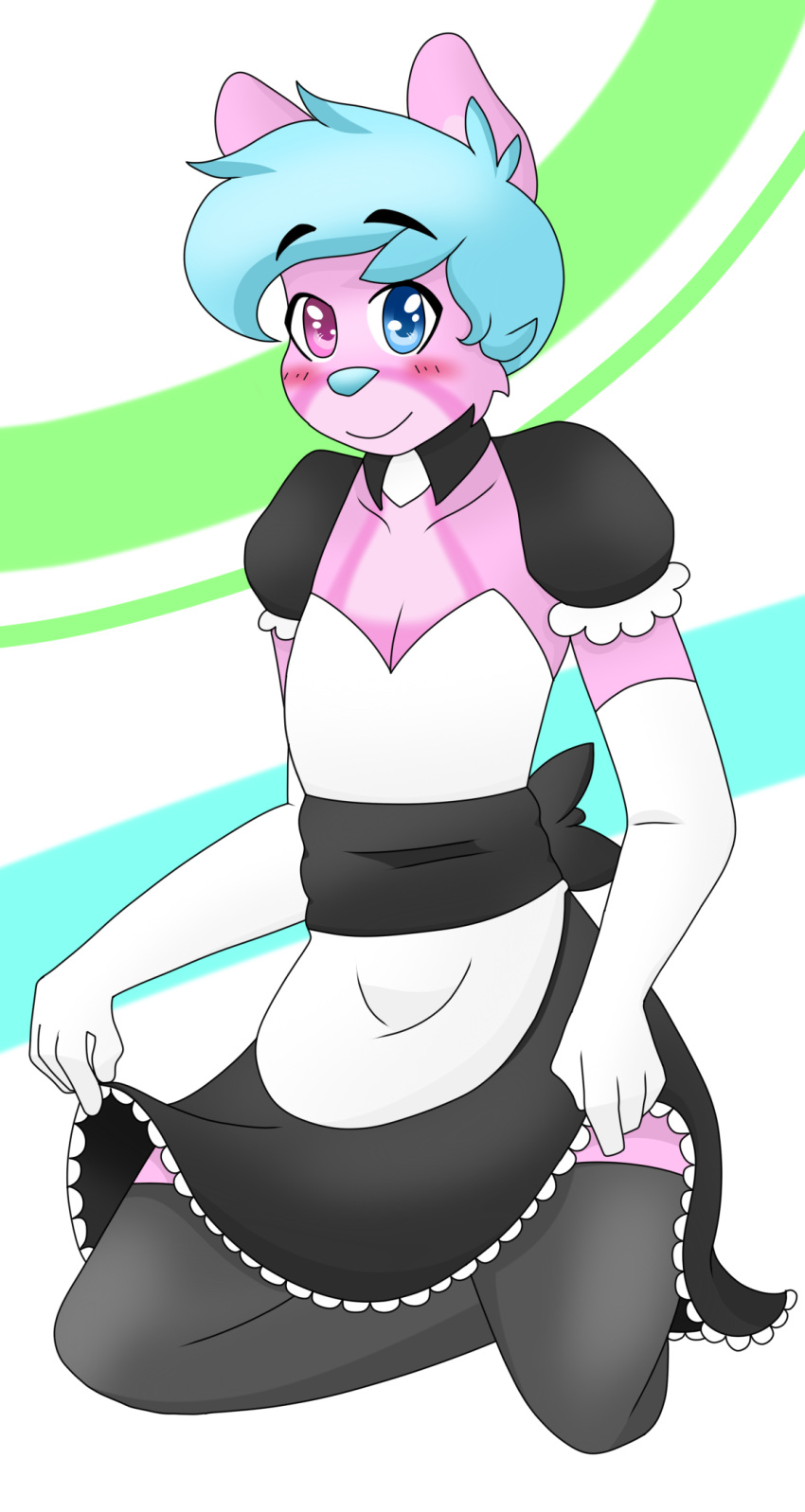 2018 anthro blush clothed clothing cute digital_media_(artwork) feline fur girly hair heterochromia hi_res looking_at_viewer maid_uniform male mammal mcfly0crash simple_background smile uniform