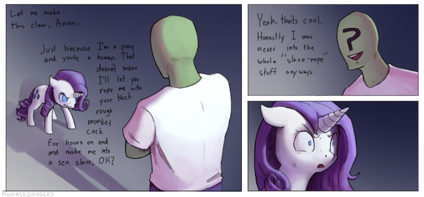 angry anon blue_eyes clothed clothing comic cutie_mark duo english_text equine fail female floppy_ears friendship_is_magic green_skin hair horn horse human male male/female mammal my_little_pony open_mouth pony purple_hair rarity_(mlp) rhorse sex_slave signature simple_background slave smile text vulgar white_skin wide_eyed worried
