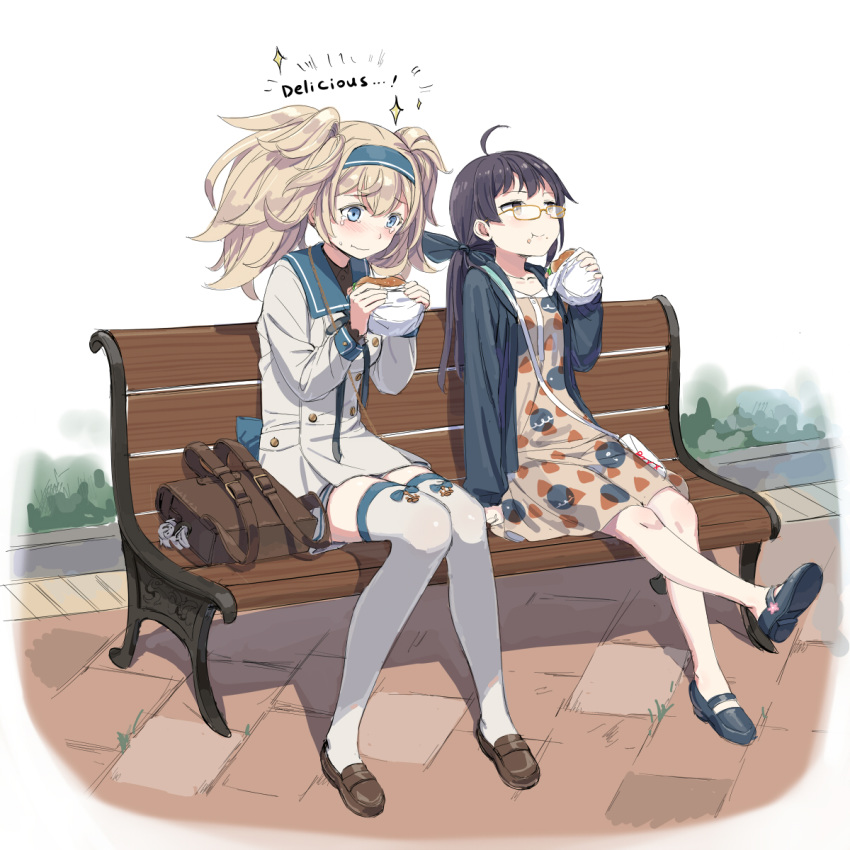 ahoge backpack backpack_removed bad_id bad_pixiv_id bag bench black_hair black_hoodie blonde_hair blue_eyes blush brown_footwear closed_mouth cnm commentary_request dress eating food food_on_face fujinami_(kantai_collection) full_body gambier_bay_(kantai_collection) hair_ribbon hairband hamburger highres hood hoodie kantai_collection loafers long_hair long_sleeves mary_janes multiple_girls open_clothes open_hoodie outdoors ribbon shoes side_ponytail sitting smile sparkle tears thighhighs twintails wavy_mouth white_legwear yellow_eyes