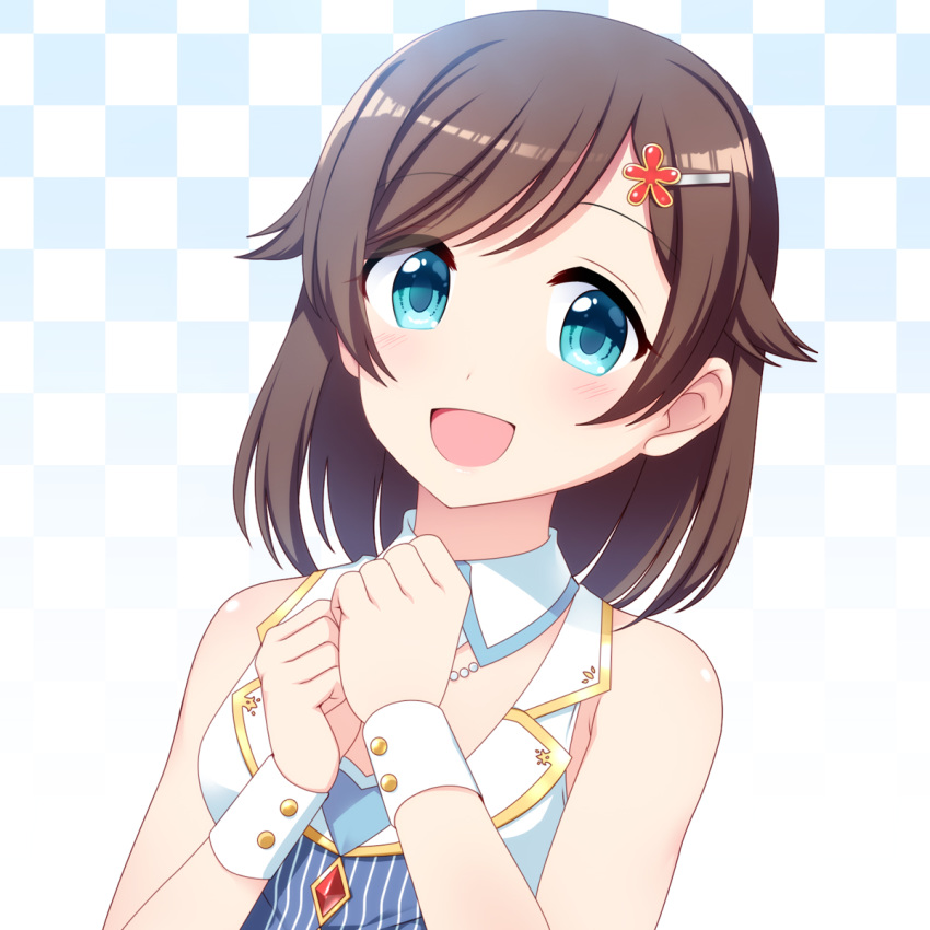 :d bare_shoulders blush brown_hair checkered checkered_background commentary_request detached_collar eyebrows_visible_through_hair gradient gradient_background green_eyes hair_flaps hair_ornament hairclip hands_up highres idol_connect looking_at_viewer open_mouth short_hair smile solo totokichi two-tone_background upper_body virtual_youtuber wing_collar wrist_cuffs