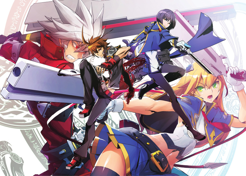 3boys absurdres black_hair black_pants blazblue blazblue:_central_fiction blonde_hair bolverk brown_eyes brown_hair dual_wielding fingerless_gloves gloves green_eyes gun hibiki_kohaku highres holding jacket miniskirt multiple_boys naoto_kurogane noel_vermillion non-web_source official_art pants ragna_the_bloodedge red_eyes red_jacket silver_hair skirt sword thighhighs weapon zettai_ryouiki