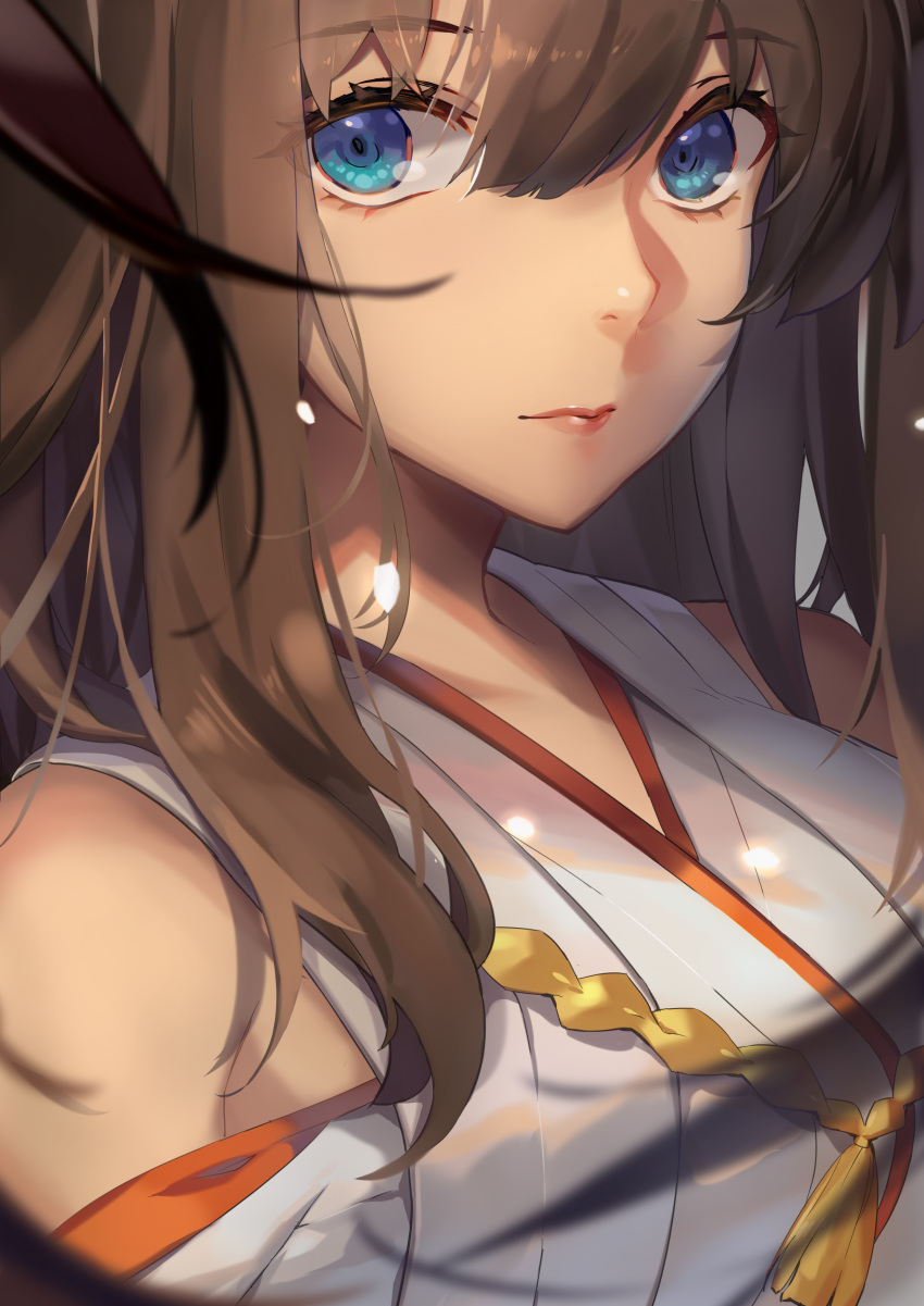 absurdres bare_shoulders blue_eyes blurry blurry_background brown_hair close-up depth_of_field eyebrows_visible_through_hair eyelashes face hair_between_eyes highres kantai_collection kongou_(kantai_collection) lips long_hair miyazaki_byou nontraditional_miko parted_lips shiny shiny_hair solo tassel upper_body