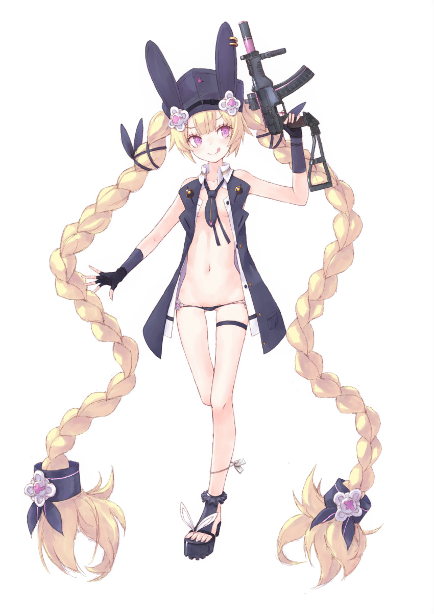 :q absurdly_long_hair absurdres animal_ears animal_hat assault_rifle black_footwear black_gloves black_hat black_jacket blonde_hair blush braid bunny_ears bunny_hat buran_(kure) closed_mouth commentary_request dog_tags fingerless_gloves full_body girls_frontline gloves groin gun hat highres holding holding_gun holding_weapon jacket long_hair looking_away looking_to_the_side lowleg lowleg_panties micro_panties navel object_namesake open_clothes open_jacket open_shirt panties peaked_cap platform_footwear platform_heels purple_eyes rifle shirt simple_background smile solo sr-3mp sr-3mp_(girls_frontline) standing standing_on_one_leg toenails tongue tongue_out twin_braids twintails underwear very_long_hair weapon white_background white_shirt