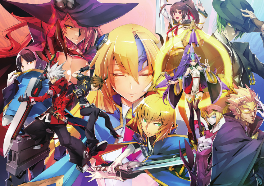 black_hair black_pants blazblue blazblue:_central_fiction blonde_hair brown_eyes brown_hair capelet celica_a_mercury closed_eyes fedora fingerless_gloves gloves green_eyes green_hair hat hazama hibiki_kohaku highres ignis_(blazblue) jacket jin_kisaragi konoe_a_mercury mikado_(blazblue) miniskirt mu-12 naoto_kurogane noel_vermillion non-web_source official_art pants purple_hair ragna_the_bloodedge red_eyes red_jacket relius_clover silver_hair skirt sword weapon witch_hat yellow_eyes