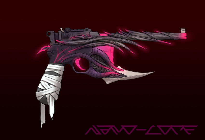 aestaroth bandage c96 dreamsinscareden glowing gun handgun knife mauser not_furry pink_glow pistol ranged_weapon spikes weapon