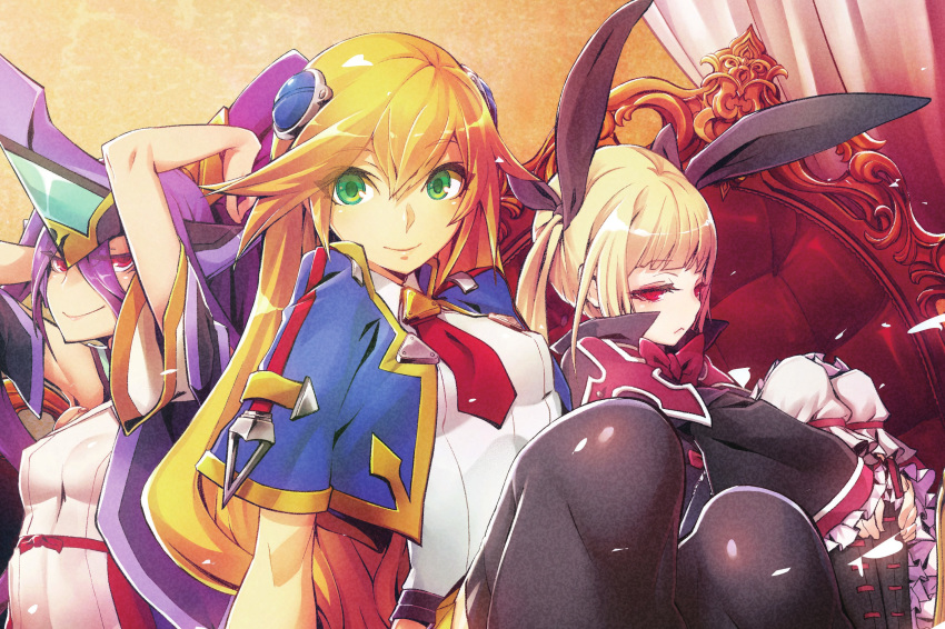 :&lt; artist_request black_legwear blazblue blonde_hair blue_capelet breasts cape capelet detached_sleeves forehead_protector green_eyes hair_between_eyes hair_ribbon hairpods highres legs_together long_hair mikado_(blazblue) miniskirt multiple_girls noel_vermillion non-web_source official_art purple_hair rachel_alucard red_eyes ribbon sitting skirt small_breasts smile thighhighs throne twintails wide_sleeves zettai_ryouiki