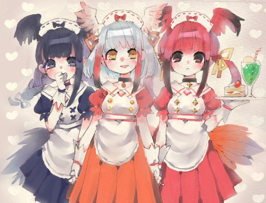 alternate_costume apron bangs bird_tail bird_wings black-headed_ibis_(kemono_friends) black_bow black_hair blush bow braid cake choker closed_mouth covering_mouth cup dress drinking_glass drinking_straw enmaided eyebrows_visible_through_hair food hair_bobbles hair_ornament hair_tie hand_over_own_mouth head_wings holding_hands ichi001 japanese_crested_ibis_(kemono_friends) kemono_friends maid maid_apron maid_headdress multicolored_hair multiple_girls open_mouth pleated_dress puffy_short_sleeves puffy_sleeves red_bow red_hair scarlet_ibis_(kemono_friends) short_hair_with_long_locks short_sleeves slice_of_cake tray twintails white_hair wings
