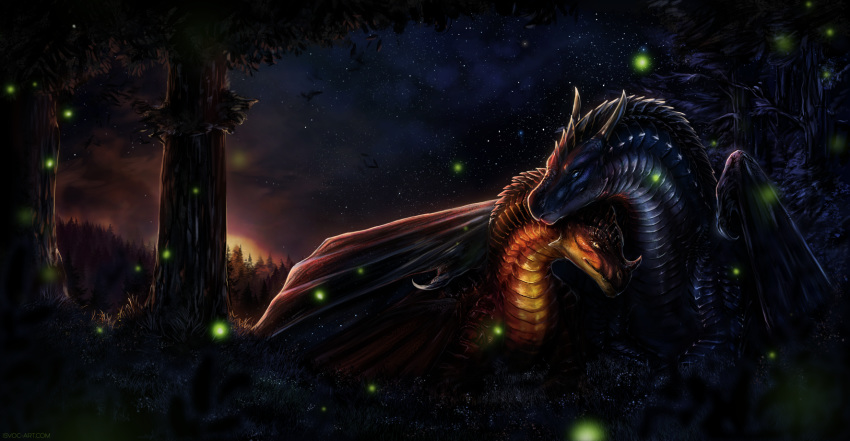 2018 claws detailed_background digital_media_(artwork) dragon duo feral grass horn isvoc membranous_wings night outside scalie sky star starry_sky twilight western_dragon wings