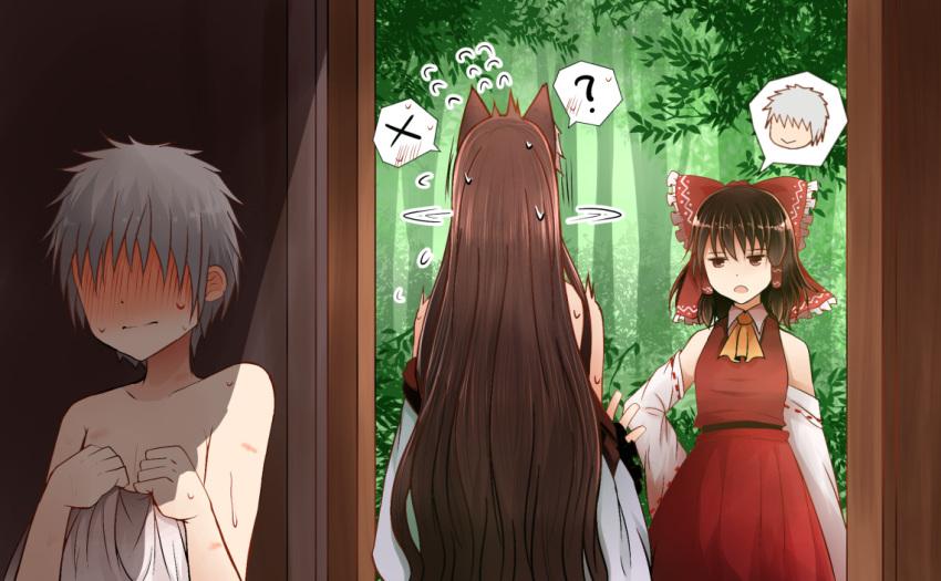 2girls ? age_difference arano_oki ascot bangs bare_shoulders bite_mark blush bow character_request collarbone covering cowboy_shot deception detached_sleeves door faceless faceless_male flying_sweatdrops forest frilled_bow frills full-face_blush hair_bow hakurei_reimu hand_on_hip imaizumi_kagerou jitome long_hair long_skirt long_sleeves multiple_girls nature nude nude_cover off_shoulder red_bow red_eyes red_shirt red_skirt ribbon-trimmed_sleeves ribbon_trim shaking_head shiny shiny_hair shirt short_hair sidelocks silver_hair skirt speech_bubble spoken_person spoken_question_mark spoken_x standing surprised sweat touhou upper_body very_long_hair wide_sleeves yellow_neckwear