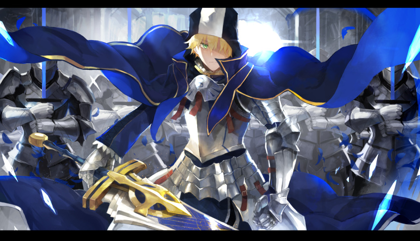 armor army arthur_pendragon_(fate) backlighting bad_id bad_pixiv_id blonde_hair blue_cloak blue_coat breastplate buckle clenched_hand cloak closed_mouth commentary cross excalibur_(fate/prototype) eyebrows_visible_through_hair falling_petals fate/prototype fate_(series) faulds full_armor gauntlets green_eyes hair_over_one_eye helm helmet holding holding_sword holding_weapon hood hood_up hooded_coat letterboxed light long_sleeves looking_at_viewer male_focus mono_(jdaj) multiple_boys pauldrons petals serious standing sword two-handed v-shaped_eyebrows weapon wind