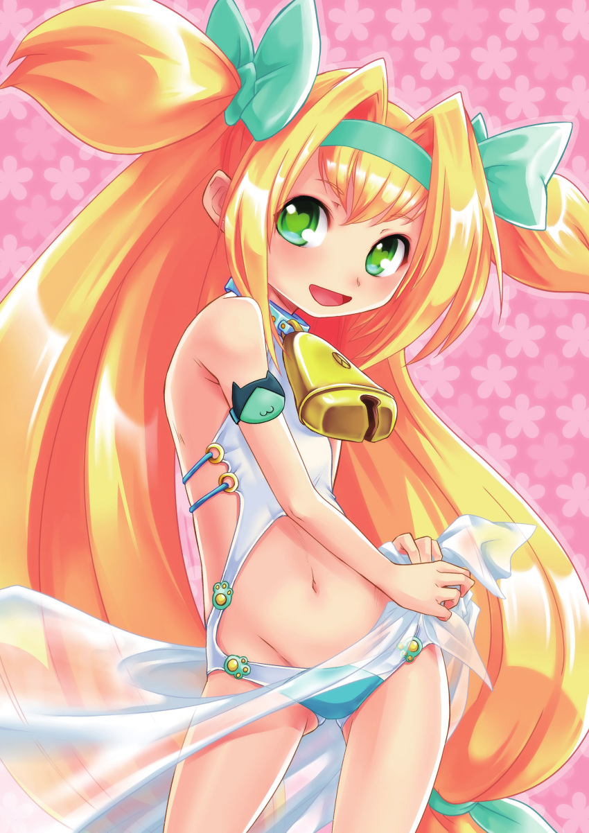 absurdres bell bell_collar blazblue blonde_hair bow collar green_eyes hair_bow heart heart-shaped_pupils highres long_hair navel non-web_source official_art platinum_the_trinity solo swimsuit symbol-shaped_pupils