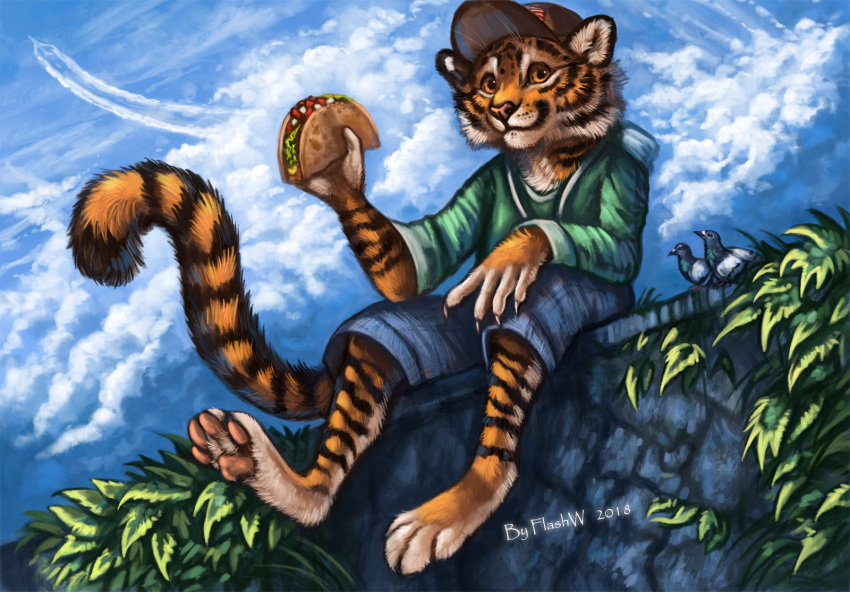 2018 4_toes 5_fingers amber_eyes anthro avian bird clothed clothing day detailed_background digital_media_(artwork) digitigrade flashw food fur group looking_at_viewer male orange_fur outside pigeon sky smile striped_fur stripes taco toes