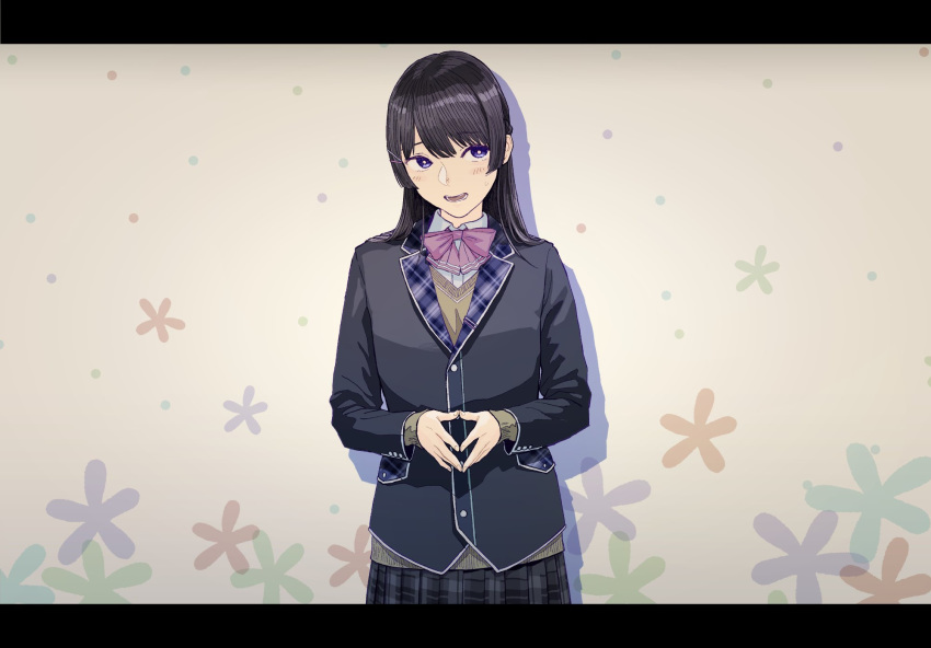 bangs black_hair black_jacket blazer blue_eyes blush bow bowtie commentary_request eyebrows_visible_through_hair hair_ornament hairclip highres jacket letterboxed long_hair looking_away nijisanji open_mouth school_uniform smile solo tanaka_hirotaka tsukino_mito virtual_youtuber