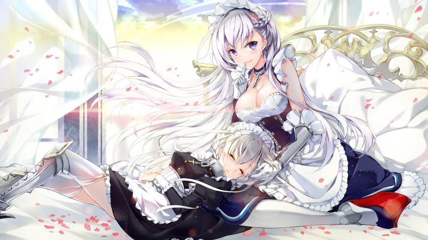 azur_lane bangs bed belfast_(azur_lane) black_dress blue_eyes blush boots breasts cleavage closed_eyes cloud commentary_request cross-laced_footwear curtains dress eyebrows_visible_through_hair finger_to_mouth floating_hair gloves grey_footwear hair_between_eyes highres indoors juna knee_boots lace-up_boots lap_pillow large_breasts long_hair looking_at_viewer medium_breasts multiple_girls pantyhose parted_lips petals pillow sheffield_(azur_lane) shushing silver_hair sitting sky sleeping smile strapless strapless_dress thighhighs transparent very_long_hair wariza white_gloves white_legwear wind window