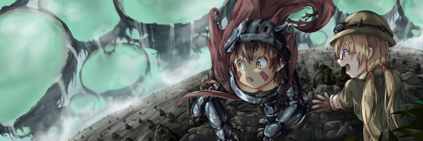 1girl absurdres bangle blonde_hair bracelet brown_hair cape commentary_request glasses gloves green_eyes helmet highres jewelry long_hair looking_back made_in_abyss mahimaru mechanical_arms mechanical_legs open_mouth regu_(made_in_abyss) riko_(made_in_abyss) torn_cape torn_clothes twintails yellow_eyes