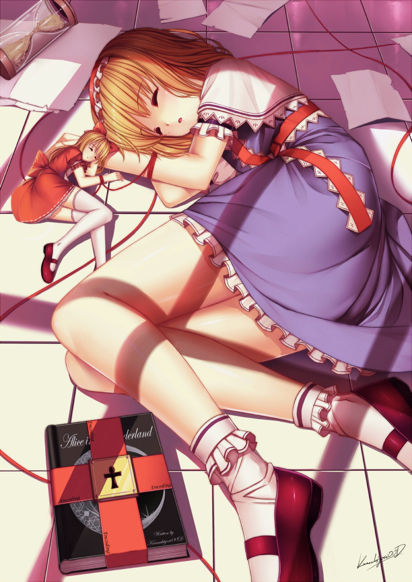 alice_in_wonderland alice_margatroid bdsm blonde_hair bobby_socks bondage book bound caidychen capelet closed_eyes dress grimoire grimoire_of_alice hairband highres hourai_doll hourglass legs long_legs lying mary_janes multiple_girls on_side paper shoes short_hair signature sleeping socks string thighhighs tied_up touhou white_legwear window_shade zettai_ryouiki