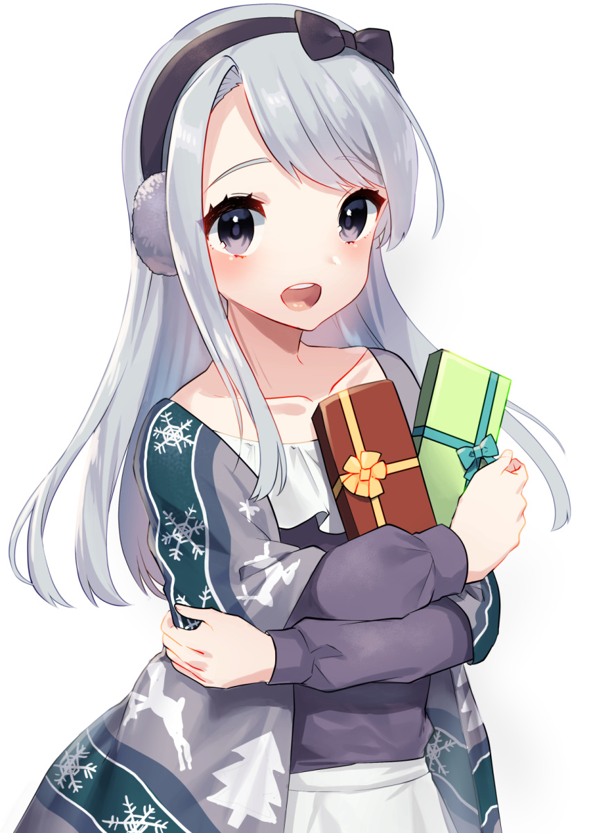 black_hairband christmas_tree cowboy_shot earmuffs gift hairband highres kantai_collection long_hair mizuki_eiru_(akagi_kurage) open_mouth printed_shawl purple_eyes purple_shirt reindeer_print sagiri_(kantai_collection) shawl shirt silver_hair simple_background skirt smile snowflake_print snowflakes solo tree_print upper_teeth white_background white_skirt