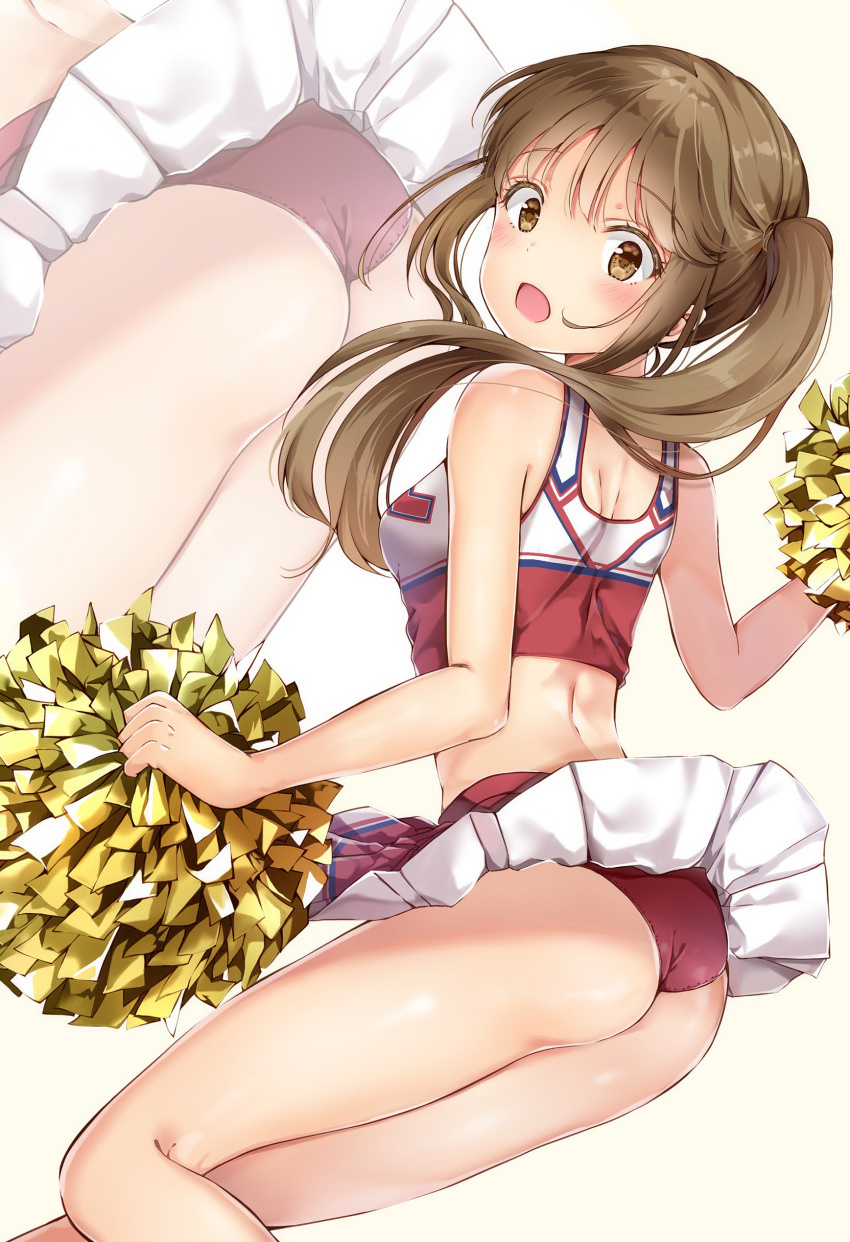 absurdres ass breasts brown_eyes brown_hair cheerleader crop_top eyebrows_visible_through_hair floating_hair highres holding long_hair looking_back medium_breasts midriff miniskirt open_mouth original panties pom_poms red_panties red_skirt shiny shiny_skin side_ponytail simple_background skirt skirt_lift sleeveless solo standing underwear white_background yoshida_iyo zoom_layer