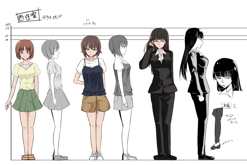 absurdres adjusting_hair arm_behind_back bangs black_footwear black_jacket black_pants black_shirt black_suit blunt_bangs brown_footwear brown_shorts camisole casual closed_mouth cross-laced_footwear dress_shirt eyebrows_visible_through_hair family flats formal from_side frown girls_und_panzer glaring green_skirt height_chart highres jacket layered_clothing long_hair looking_at_viewer miniskirt mother_and_daughter multiple_girls nishizumi_maho nishizumi_miho nishizumi_shiho open_mouth pant_suit pants partially_colored partially_translated pleated_skirt shirt shoes short_hair short_sleeves shorts siblings sisters skirt smile sneakers standing suit t-shirt translation_request urouchi white_footwear white_shirt yellow_shirt