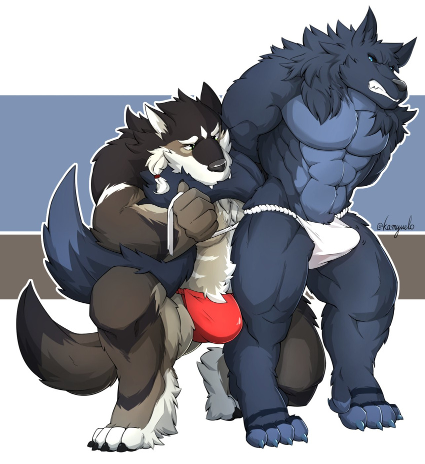 2018 anthro bulge canine clothed clothing digital_media_(artwork) duo fur hair hi_res kamyuelo male mammal muscular muscular_male partially_clothed underwear wolf