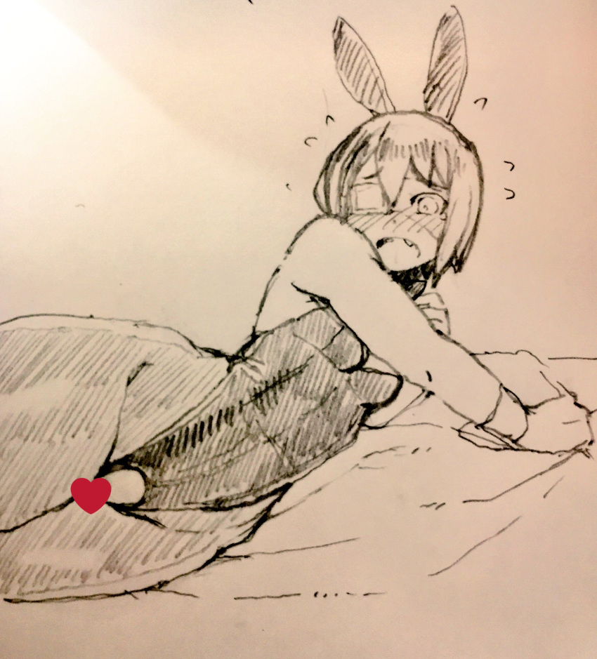 animal_ears arm_across_chest blush bunny_ears bunnysuit censored commentary eyepatch flying_sweatdrops gigi-chan heart heart_censor highres kurozu_(crozu) lying monochrome on_side open_mouth original sharp_teeth short_hair sketch solo teeth