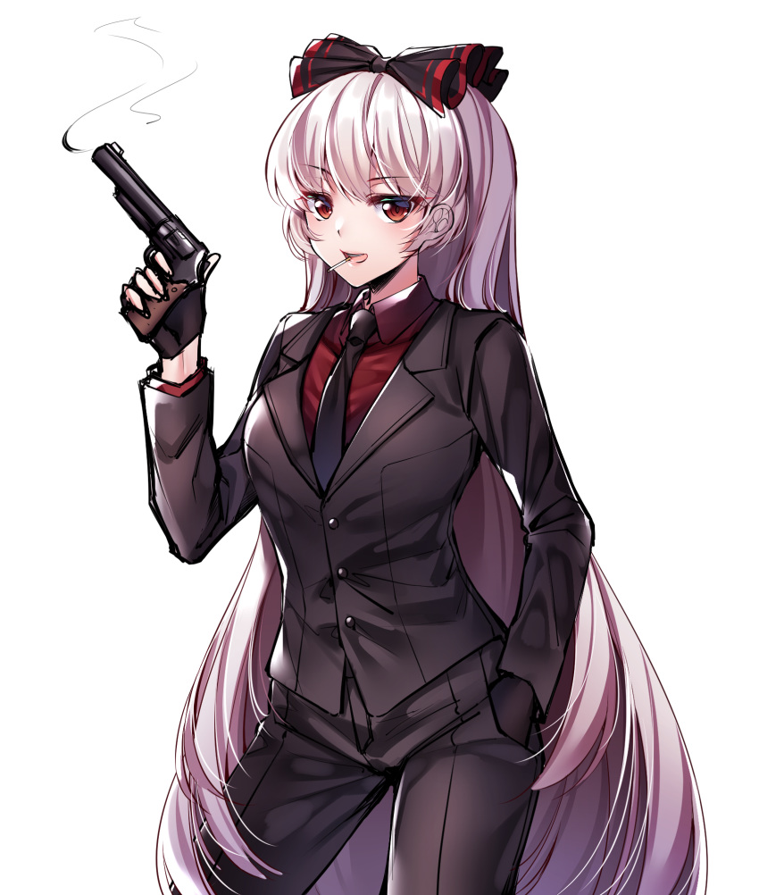 :d alternate_costume black_jacket black_neckwear black_pants black_suit cigarette cowboy_shot formal fujiwara_no_mokou gem_oblivion gun hair_ribbon hand_in_pocket highres holding holding_gun holding_weapon jacket long_hair looking_at_viewer necktie open_mouth pant_suit pants red_eyes red_shirt ribbon shirt silver_hair simple_background smile smoke solo suit touhou very_long_hair weapon white_background