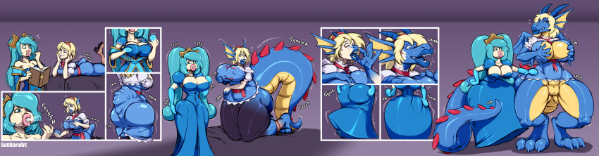 3_toes 4_fingers alice_margatroid anthro bed big_breasts big_butt big_lips blonde_hair blue_hair blue_scales book boots breast_expansion breasts butt butt_expansion clothed clothing comic crown dragon dress duo female footwear hair horn human kneeling league_of_legends lips living_inflatable looking_at_viewer lying maid_uniform mammal navel nozzle open_mouth ribbons riot_games rubber scales scalie sequence sona_(lol) sound_effects standing surprise sutibaru tail_growth text thick_thighs toes touhou transformation uniform video_games wings yellow_scales