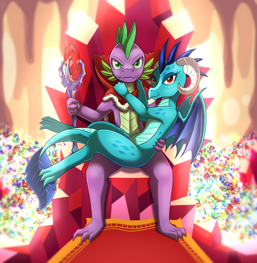 2018 3_toes 4_fingers aged_up anthro barefoot cape carpet cavern chair claws clothing crystals dragon duo eyebrows eyelashes female friendship_is_magic gem green_eyes holding_object horn looking_at_viewer male male/female membranous_wings mostly_nude my_little_pony nude on_lap orange_eyes princess_ember_(mlp) royalty scalie scepter sitting slit_pupils smile spike_(mlp) thick_tail throne throne_room toe_claws toes treasure vavacung wings