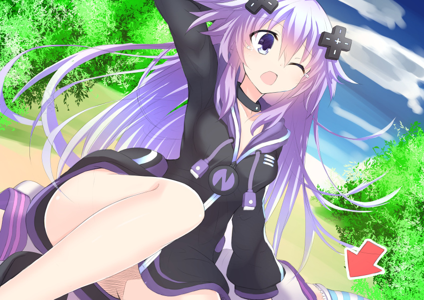 ;o absurdres adult_neptune ass ayame_shino bad_id bad_pixiv_id bare_legs black_choker black_jacket blue_sky breasts choker cloud cloudy_sky commentary_request convenient_leg crash crash_landing d-pad d-pad_hair_ornament day directional_arrow girl_on_top hair_ornament hand_behind_head hand_up highres hood hooded_jacket jacket knee_up long_hair medium_breasts multiple_girls neptune_(choujigen_game_neptune) neptune_(series) on_ground on_person one_eye_closed outdoors purple_eyes purple_hair shin_jigen_game_neptune_vii sky solo_focus striped striped_legwear tears thighhighs thighs very_long_hair