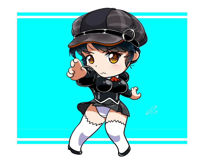 agent_aika aika_(series) arm_up bangs black_delmo black_footwear black_hair black_hat black_jacket black_skirt blush brown_eyes cabbie_hat chibi commentary cravat crotch_seam delmogeny_uniform extra eyebrows_visible_through_hair fighting_stance full_body glint hat high_heels highres jacket juliet_sleeves long_sleeves panties pantyshot pantyshot_(standing) pleated_skirt puffy_sleeves red_neckwear short_hair signature skirt solo standing thighhighs thighs turnip007 two-tone_background underwear uniform v-shaped_eyebrows wavy_mouth white_legwear white_panties wind wind_lift
