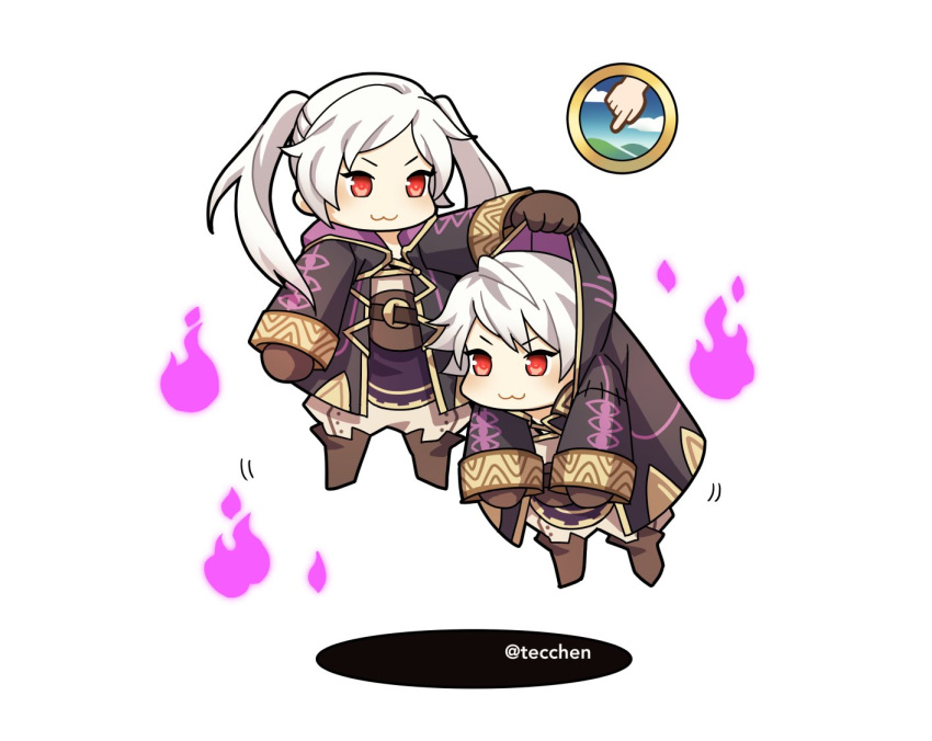 :3 cape chibi dark_persona dual_persona evil_smile female_my_unit_(fire_emblem:_kakusei) fire_emblem fire_emblem:_kakusei fire_emblem_heroes floating gameplay_mechanics gimurei gloves hood long_hair male_my_unit_(fire_emblem:_kakusei) my_unit_(fire_emblem:_kakusei) red_eyes robe short_hair smile tecchen twintails v-shaped_eyebrows white_background white_hair