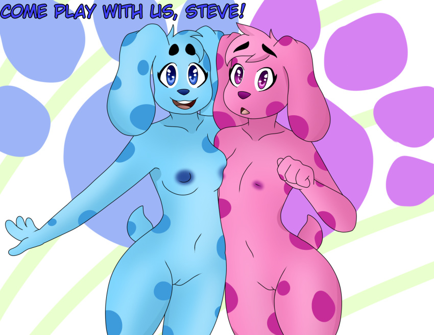 2018 anthro blue's_clues blue_(blue's_clues) blue_eyes breasts canine digital_media_(artwork) duo female flat_chested hi_res looking_at_viewer magenta_(blue's_clues) mammal mcfly0crash nipples nude open_mouth pussy simple_background small_breasts smile text thick_thighs voluptuous wide_hips