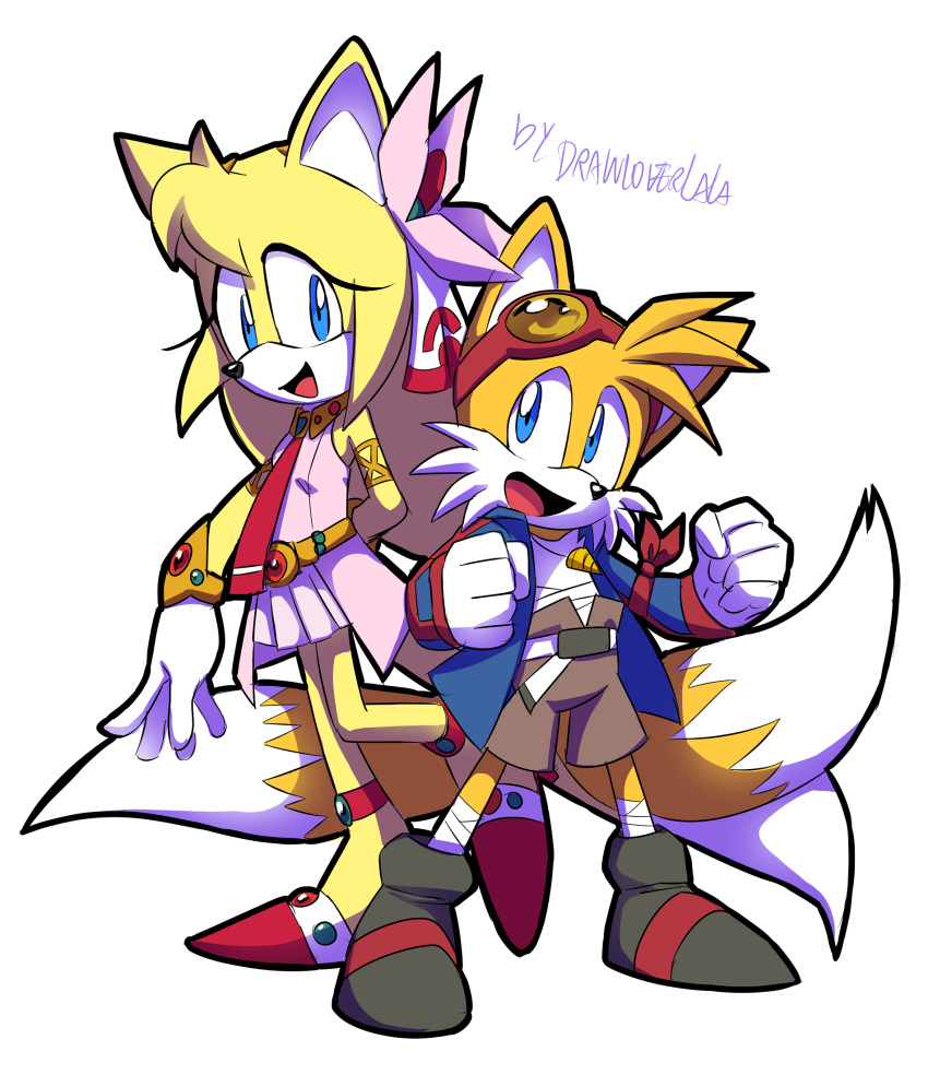 anthro canine clothing dipstick_tail drawloverlala duo female footwear fox fur gloves hi_res male mammal miles_prower multicolored_tail signature sonic_(series) sonic_boom video_games white_fur yellow_fur zooey_the_fox