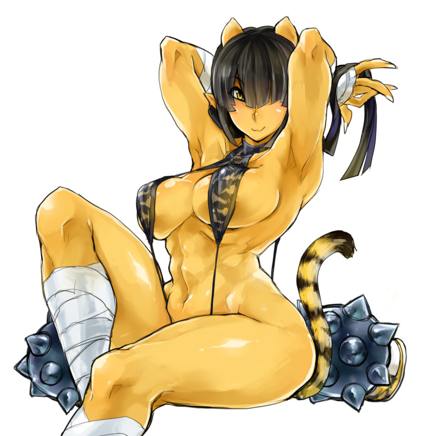 :3 armpits arms_behind_back black_hair black_swimsuit breasts closed_mouth eyebrows_visible_through_hair hair_over_one_eye hands_up highres horns knee_up large_breasts looking_at_viewer muscle muscular_female navel one_eye_covered oni oni_horns original pointy_ears simple_background sitting skj slingshot_swimsuit smile spike_ball striped_tail swimsuit tail tiger_tail tying_hair weapon white_background yellow_eyes yellow_skin
