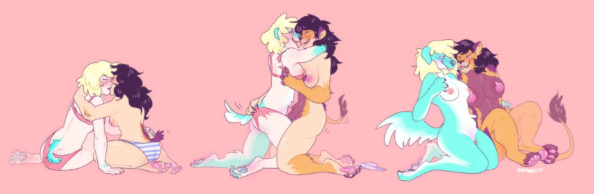 2017 anthro big_breasts black_hair blonde_hair blue_fur blush bra breasts canine clothing dog duo feline female fur hair happy hhazard human human_to_anthro kissing lion mammal nipples nude panties pink_background pussy sequence simple_background tail_growth tongue tongue_out torn_clothing transformation underwear