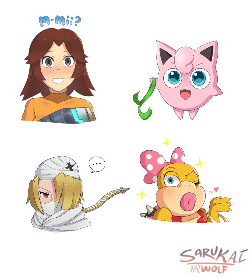 blush brown_hair gen_1_pokemon highres jigglypuff long_hair mario_(series) mii_(nintendo) multiple_girls open_mouth pokemon pokemon_(game) reverse_trap sarukaiwolf sheik short_hair smile super_mario_bros. super_smash_bros. surcoat sweat the_legend_of_zelda the_legend_of_zelda:_ocarina_of_time the_legend_of_zelda:_twilight_princess turban wendy_o._koopa