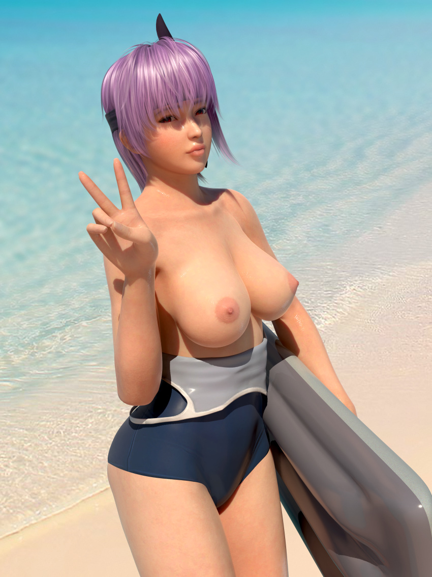 1girl 3d areolae ayane_(doa) beach breasts dead_or_alive female headband looking_at_viewer nipples ocean one-piece_swimsuit purple_hair radianteld red_eyes solo standing swimsuit thighs topless