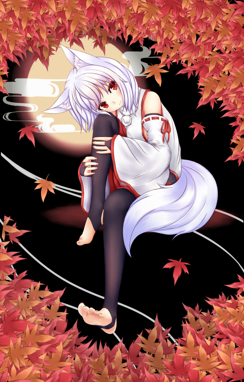 :3 absurdres animal_ears autumn_leaves banned_artist bare_shoulders black_legwear black_skirt breasts commentary_request detached_sleeves feet full_moon highres inubashiri_momiji leaf looking_at_viewer medium_breasts medium_skirt moon multicolored multicolored_clothes multicolored_skirt oohirakeisuke pom_pom_(clothes) red_eyes red_skirt ribbon-trimmed_sleeves ribbon_trim shirt short_hair silver_hair sitting skirt sleeveless sleeveless_shirt soles solo stirrup_legwear tail thighhighs toeless_legwear touhou turtleneck white_shirt wide_sleeves wolf_ears wolf_girl wolf_tail