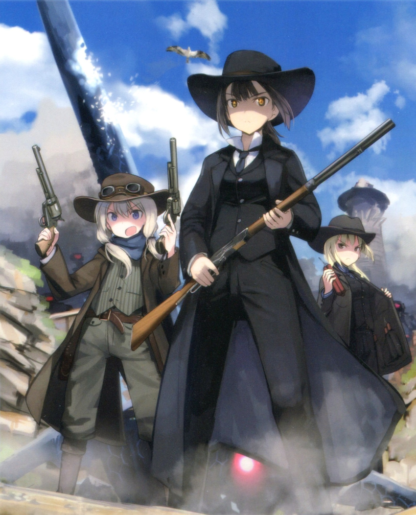 belt bird black_hair black_neckwear black_suit blonde_hair blue_eyes boots carla_j_luksic coat colt_saa cowboy_hat dust dynamite geena_preddy glowing goggles goggles_on_headwear gun handgun hat highres light_brown_hair long_hair low_twintails marian_e_carl multiple_girls necktie neuroi noble_witches non-web_source revolver rifle scarf shimada_fumikane shirt striped striped_shirt striped_vest trigger_discipline twintails vest waistcoat weapon winchester_model_1873 world_witches_series yellow_eyes