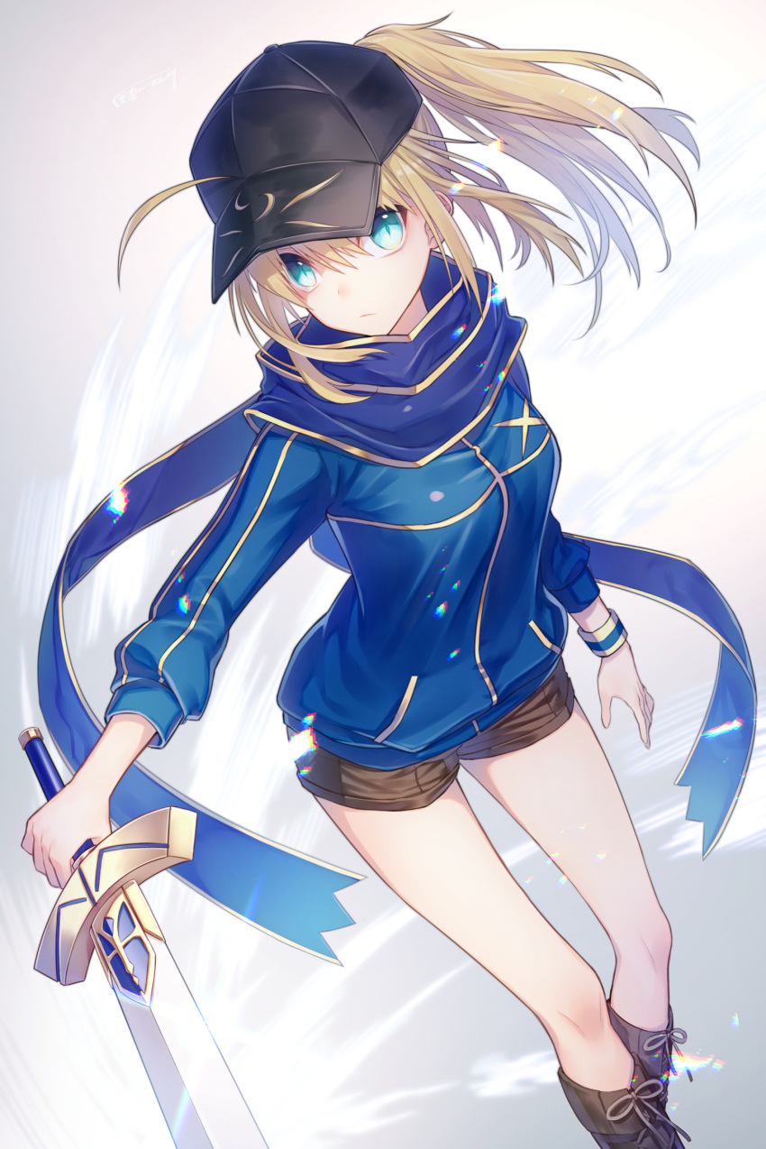 ahoge artoria_pendragon_(all) baseball_cap black_hat black_shorts blonde_hair blue_eyes blue_jacket blue_scarf commentary_request excalibur fate/grand_order fate_(series) hair_through_headwear haizome_senri hat highres himitsucalibur holding holding_sword holding_weapon jacket looking_at_viewer mysterious_heroine_x plaid plaid_scarf ponytail rojiura_satsuki:_chapter_heroine_sanctuary scarf shorts solo sword track_jacket weapon