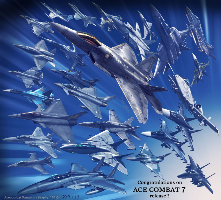 a-10_thunderbolt_ii ace_combat_7 aircraft artist_name camouflage canards commentary_request dated english_text eurofighter_typhoon f-104_starfighter f-14_tomcat f-15_eagle f-15j_eagle f-16_fighting_falcon f-18_hornet f-2 f-35_lightning_ii f-4_phantom_ii flying gatling_gun highres mig-21 mig-29 mig-31 military military_vehicle mirage2000 missile pilot_helmet roundel saab_gripen su-30 su-32 su-35 su-37 su-47_berkut su-57 yf-23 zephyr164