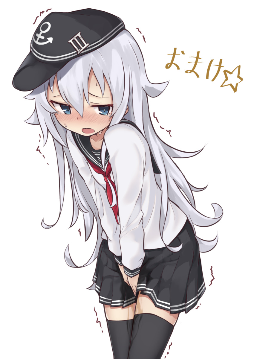 black_legwear black_skirt blue_eyes blush hat hibiki_(kantai_collection) highres kantai_collection long_hair metaring nose_blush open_mouth pee pee_stain peeing peeing_self pleated_skirt school_uniform serafuku silver_hair simple_background skirt solo standing tears thighhighs white_background zettai_ryouiki