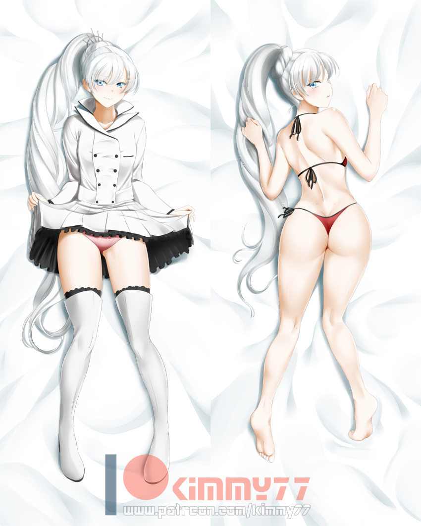 alfred_cullado ass barefoot blue_eyes blush boots bra breasts butt_crack dakimakura dress embarrassed from_behind long_hair looking_at_viewer looking_back panties ponytail rwby scar scar_across_eye shiny shiny_hair shiny_skin side_ponytail sideboob silver_hair skirt skirt_hold small_breasts solo thigh_boots thighhighs thong underwear very_long_hair wavy_mouth weiss_schnee