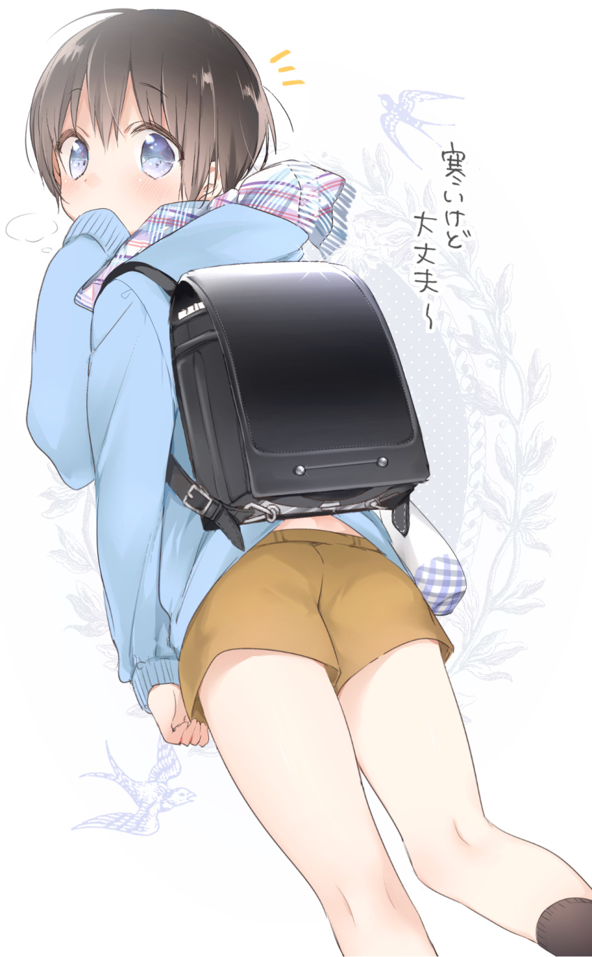 backpack bag black_hair blue_eyes blush commentary_request from_behind highres looking_back male_focus original randoseru scarf short_shorts shorts shota_otouto sino_(sionori) solo translated