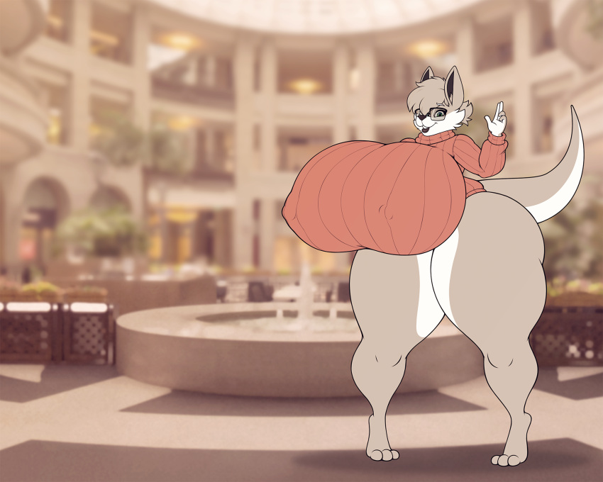 2018 anthro big_breasts bottomless breasts clothed clothing eyewear female glasses hair hi_res huge_breasts hyper hyper_breasts kangaroo mammal marsupial solo standing stunnerpony sweater thick_thighs voluptuous wide_hips