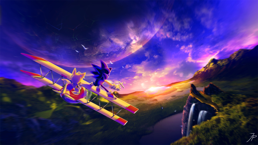 aircraft airplane anthro canine cat-meff clothing detailed duo fox gloves hedgehog hi_res male mammal miles_prower signature sonic_(series) sonic_the_hedgehog video_games