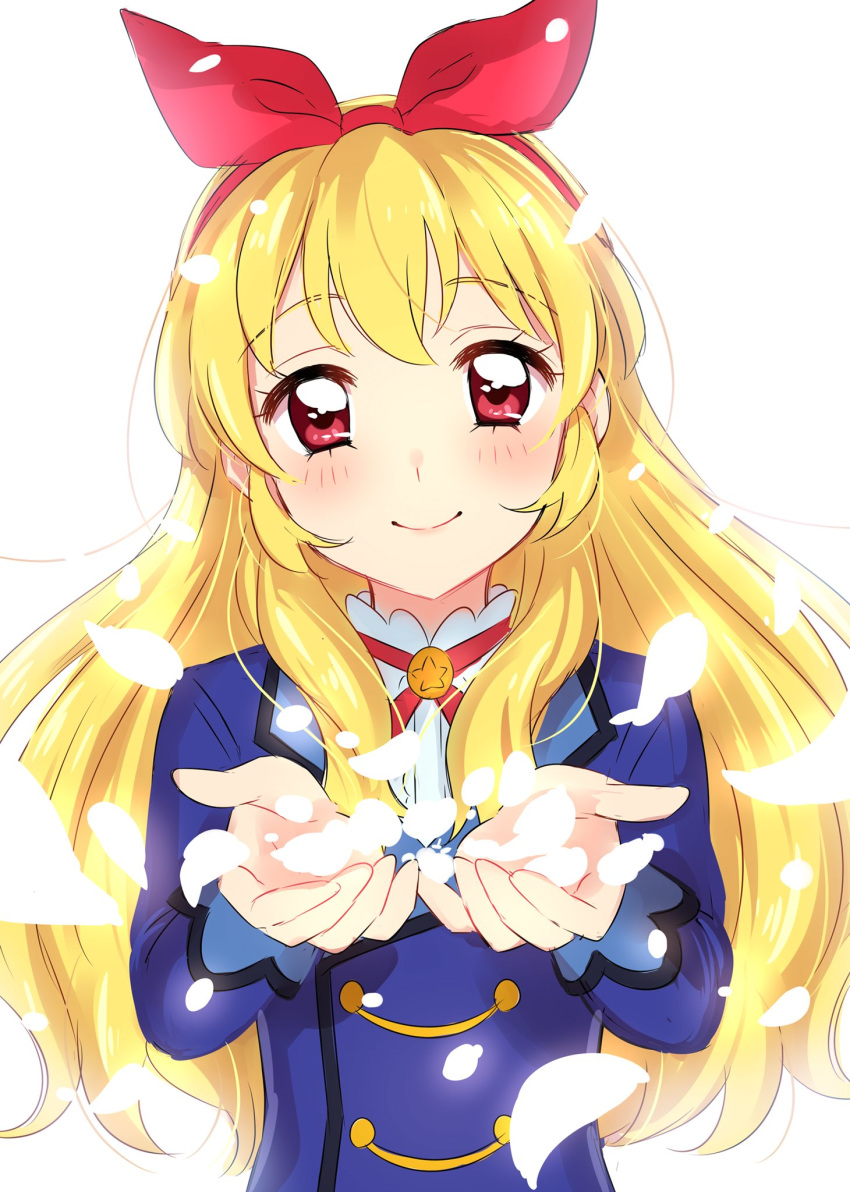 aikatsu! aikatsu!_(series) bangs blonde_hair blue_jacket blush bow closed_mouth commentary_request eyebrows_visible_through_hair hair_bow hairband hands_up highres hoshimiya_ichigo jacket long_hair long_sleeves looking_at_viewer petals pink_eyes red_bow school_uniform sekina simple_background smile solo starlight_academy_uniform upper_body white_background