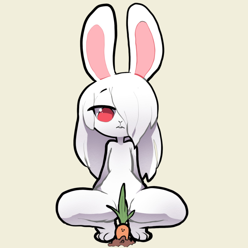 2018 3_toes anthro buckteeth carrot censored creative_censorship crouching digital_media_(artwork) featureless_chest female food frown fur hair hair_over_eye hi_res itsunknownanon lagomorph long_hair looking_down mammal nude pose rabbit red_eyes simple_background solo teasing teeth toes vegetable white_background white_fur white_hair