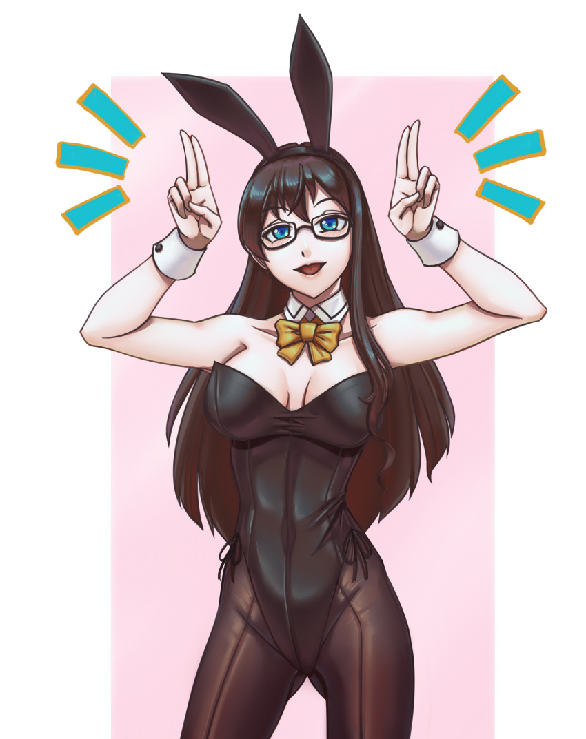 absurdres alternate_costume animal_ears ass_visible_through_thighs black_hair black_legwear black_leotard blue_eyes bow bowtie breasts bunny_ears bunny_pose bunny_tail bunnysuit cowboy_shot detached_collar fake_animal_ears glasses hairband highres kantai_collection leebigtree leotard lips long_hair medium_breasts ooyodo_(kantai_collection) pantyhose pink_background red-framed_eyewear solo strapless strapless_leotard tail two-tone_background white_background wrist_cuffs yellow_neckwear